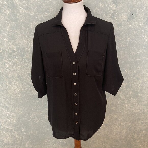 Bebe Semi Sheer Button Up Shirt Womens Size Medium Black 3/4 Sleeves F17 - Picture 1 of 6